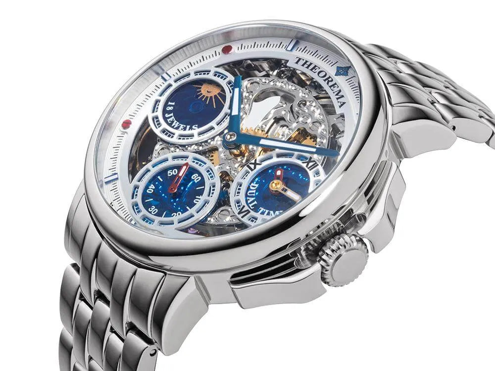Silver stainless steel, stainless steel case, see through movement with silver crown.