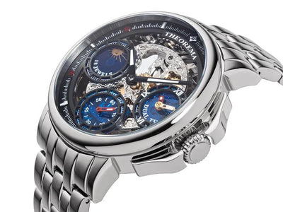Silver stainless steel, stainless steel case, see through movement with silver crown.