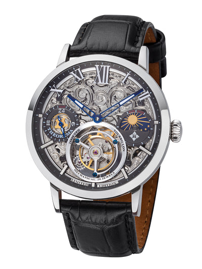 Silver case with black genuine leather band and silver dial.