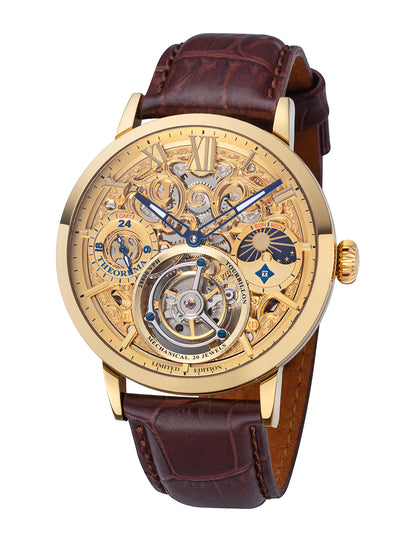 Gold plated case with brown genuine leather band and gold plated dial.