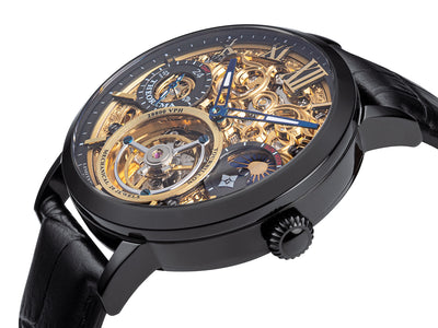 Skeletonized hands and roman numerals on the dial with a black round crown.