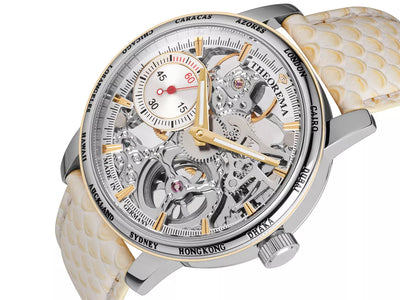Silver skeletonized dial with a white sub-dial on the left side.