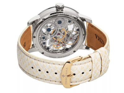 Open back case with silver color mechanism with gears fully visible along the deployment buckle for the band