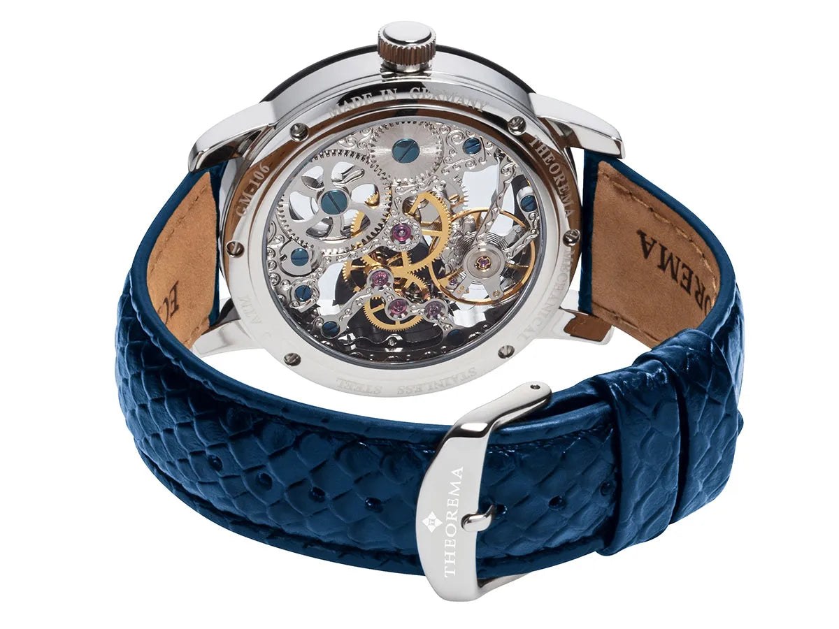 Full open back to glimpse at the mechanical gears and a standard buckle for the leather band.