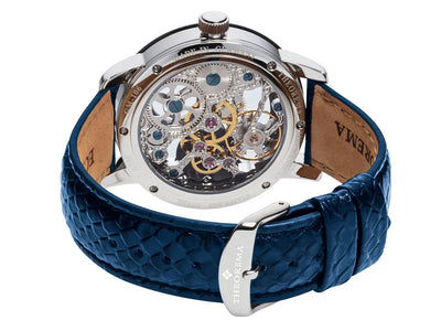 Full open back to glimpse at the mechanical gears and a standard buckle for the leather band.