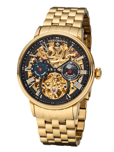 Gold color skeleton dial with a gold color case along a gold color bracelet and a gold color crown.
