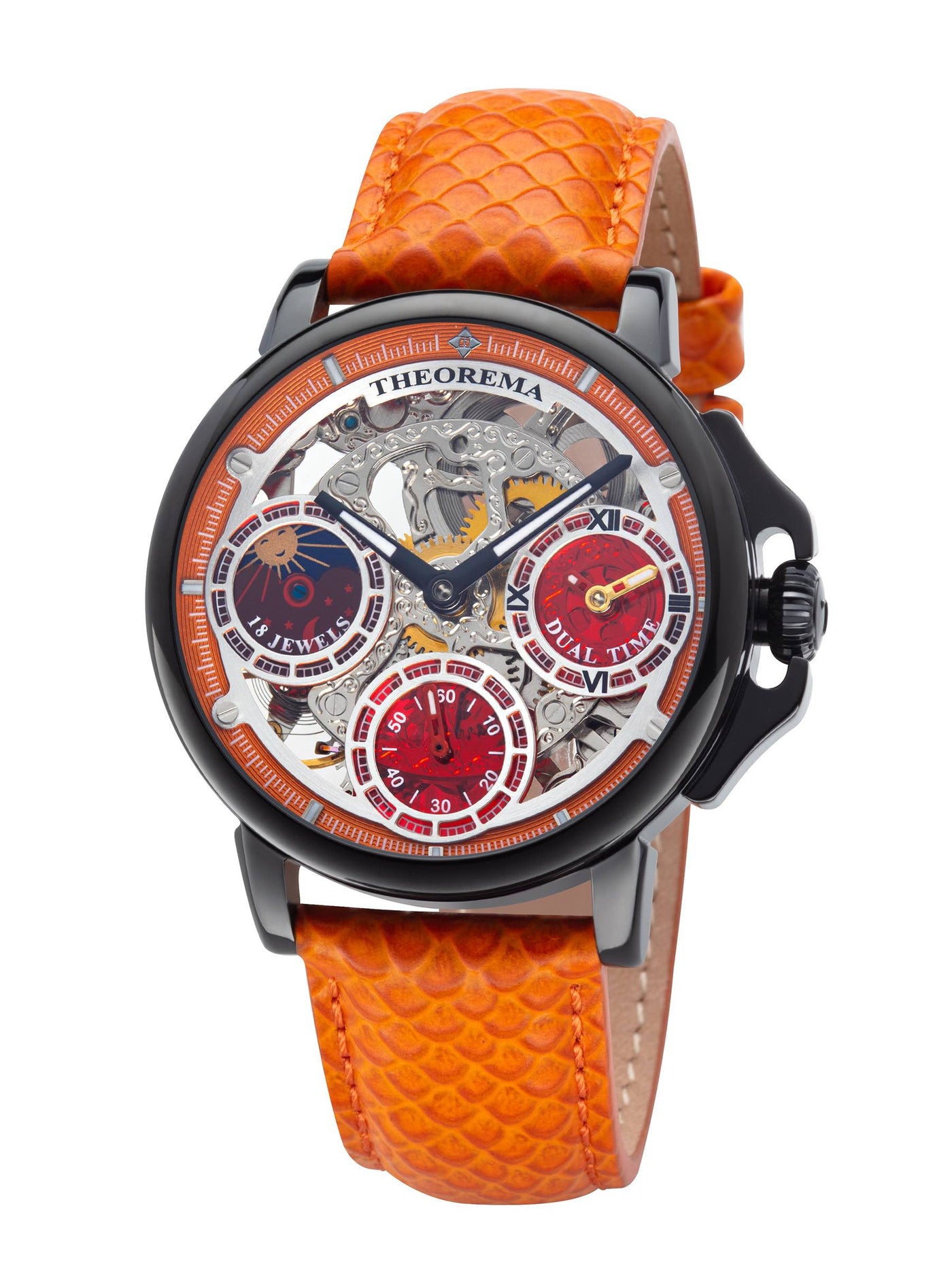 Three sub-dials on a skeletonized dial. It showcases a dual-time feature.