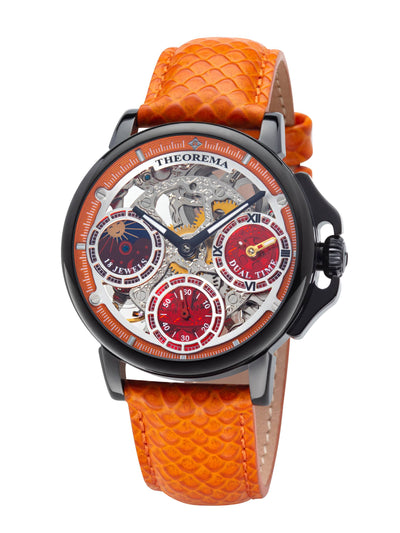 Three sub-dials on a skeletonized dial. It showcases a dual-time feature.