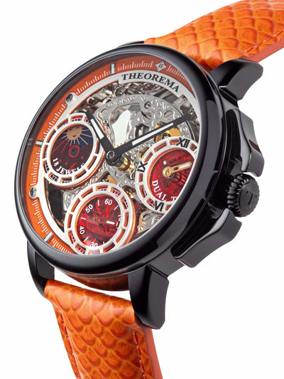 Black case with protected guard crown and a genuine leather band in orange color.