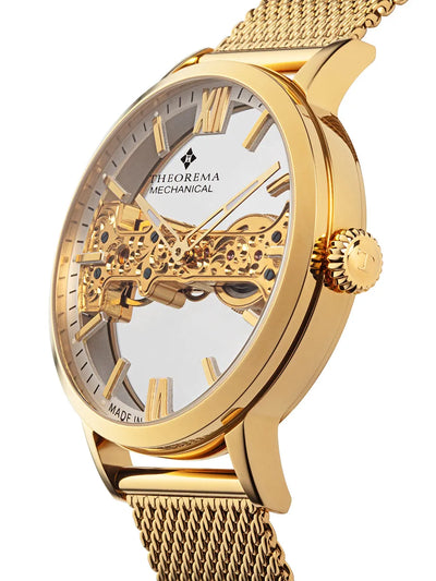Gold case case with gold color crown button and gold color stainless steel band.