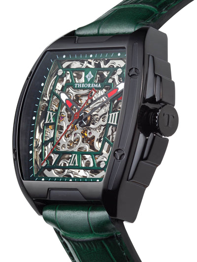 Black case with black crown engraved with letter T and a black case with green leather band.
