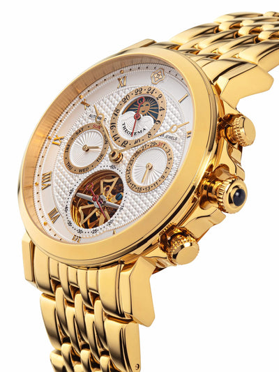Gold bracelet version of Macau Theorema showcasing rotating tourbillon lookalike movement and calendar functions.