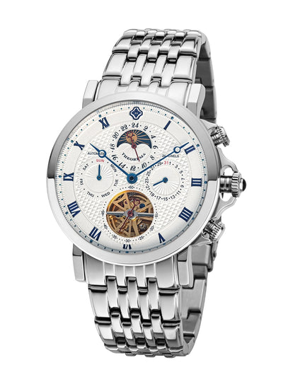 Premium men's dress watch with a visible mechanical lookalike tourbillon, silver case, Roman numeral markers, and leather band—precision craftsmanship by Theorema.
