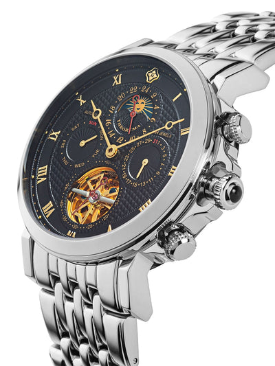 High-end mechanical watch with 24-hour sun-moon indicator, calendar functions, and a skeletonized rotating lookalike showcased in a polished case—Macau by Theorema.