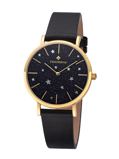 The genuine leather bracelet is black in color with a midnight navy dial face and an all-powder star design.