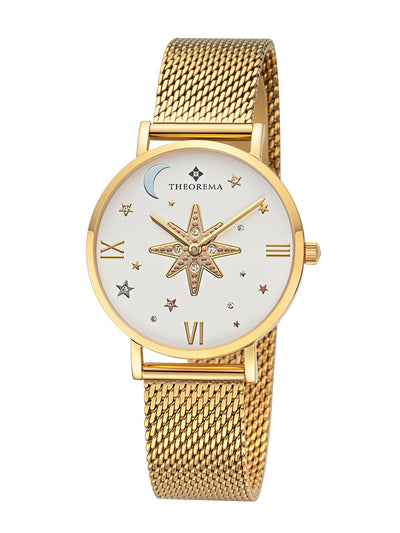 A beautifully detailed white dial watch with planetary accents and a brilliant central golden star design.