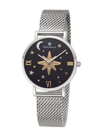 Black dial watch with cosmic artwork including stars, moons, and a gem-studded central golden star design.
