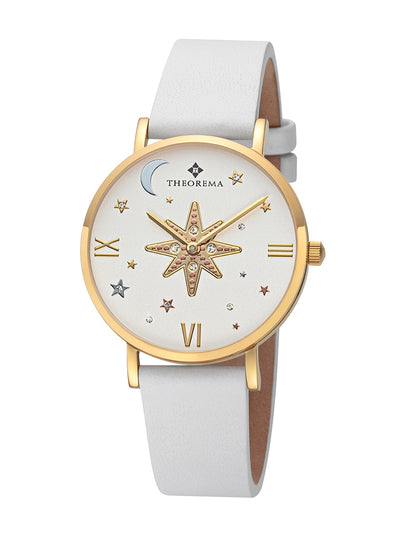 White dial watch with cosmic artwork including stars, moons, and a gem-studded central golden star design.