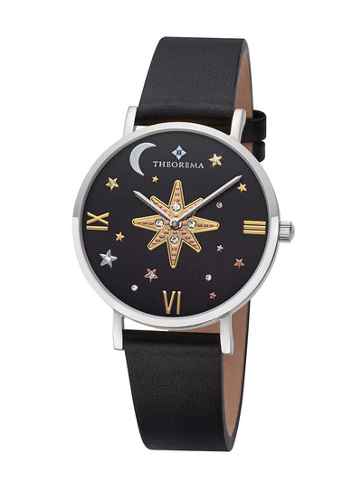 Celestial-themed watch featuring a radiant star, tiny constellations, and a crescent moon on a sleek black background.