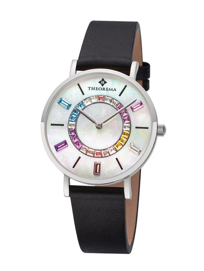 A stylish Theorema watch featuring a mother-of-pearl dial adorned with rainbow-colored baguette crystals and a sleek black leather strap.