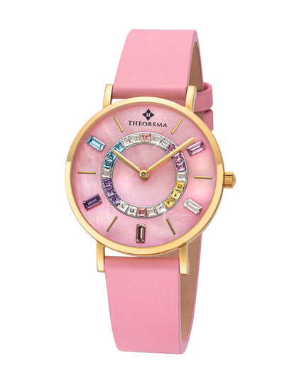 Mother-of-pearl watch face framed by sparkling colored stones in a circular pattern, matched with a timeless pink strap.
