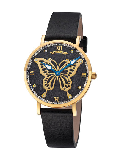 Theorema wristwatch highlighting a graceful butterfly design, encased in gold with a shimmering crystal border.