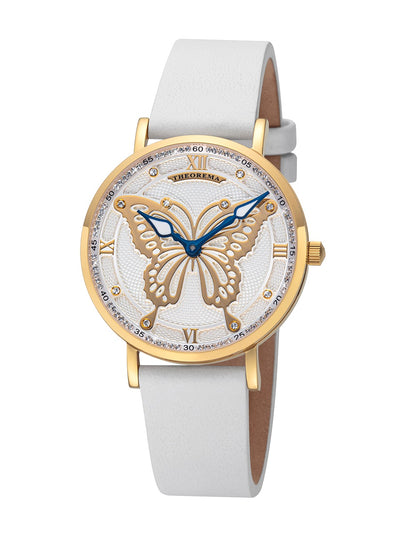 Theorema wristwatch highlighting a graceful butterfly design, encased in gold with a shimmering crystal border.