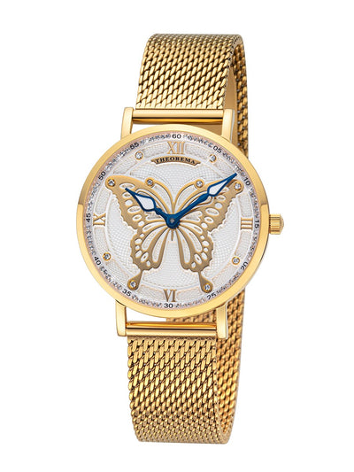 A stunning gold watch featuring a butterfly-shaped cutout on the dial and a fine mesh bracelet, radiating feminine charm.