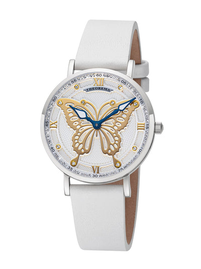 A stunning silver watch featuring a butterfly-shaped cutout on the dial and a fine leather strap, radiating feminine charm.