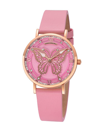 Luxury timepiece with a bold butterfly design, crystal hour markers, and rose accents for a striking fashion statement.