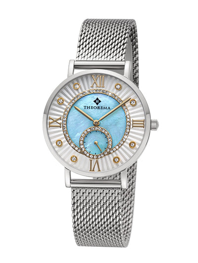 Luxury women’s timepiece with white accents, crystal rings, and a soft blue dial by Theorema.