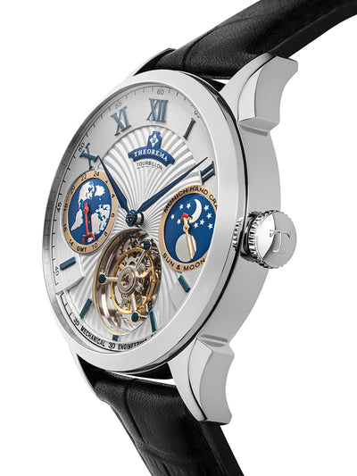 Roman numerals mixed with stick with twp blue sub-dials and black leather.