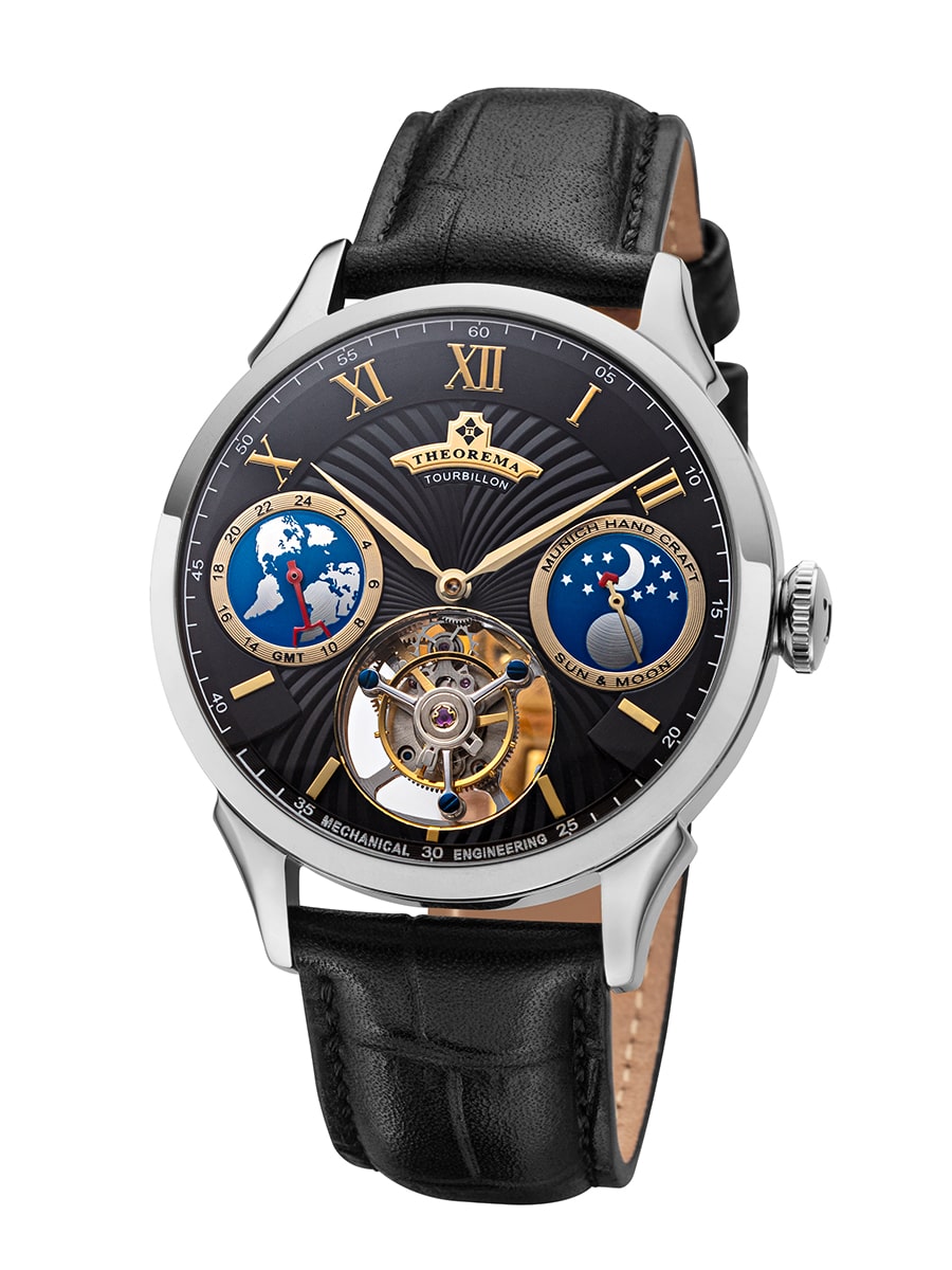 Open heart tourbillon design at 6 a clock with a mix of Roman and Arabic numerals.