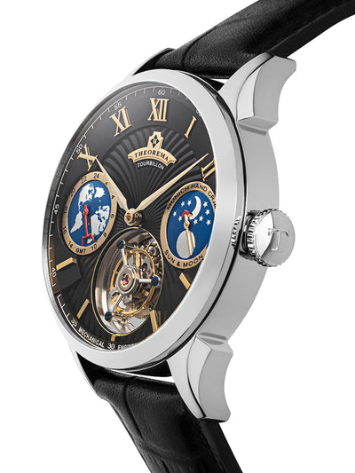 Silver color case with black genuine leather band and a black multi-tone dial.