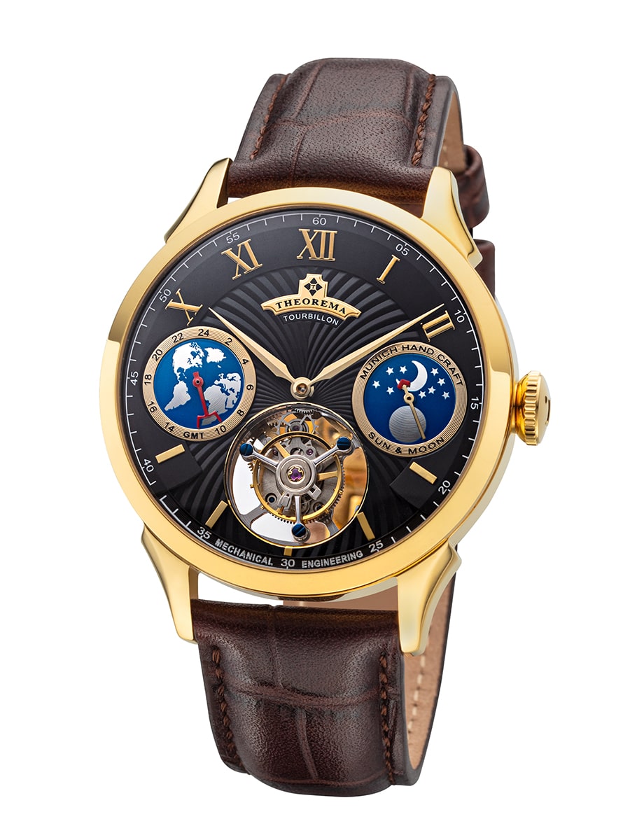 Roman numerals mixed with Arabic numerals with a GMT sub-dial on the left and a sun & moon phase sub-dial on the right.