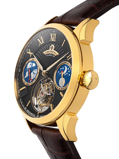 Gold color crown with an engraved T at it's center and gold color case.