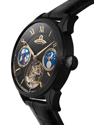 Black crown with an engraved T. Black leather genuine leather band.