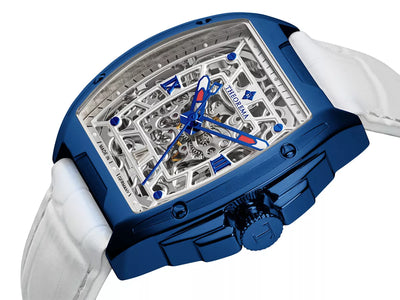 Blue case with blue crown button and white genuine leather band.