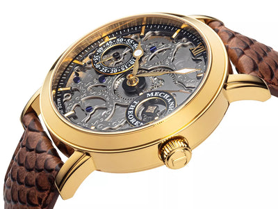 Silver case with gold crown and white genuine leather band.