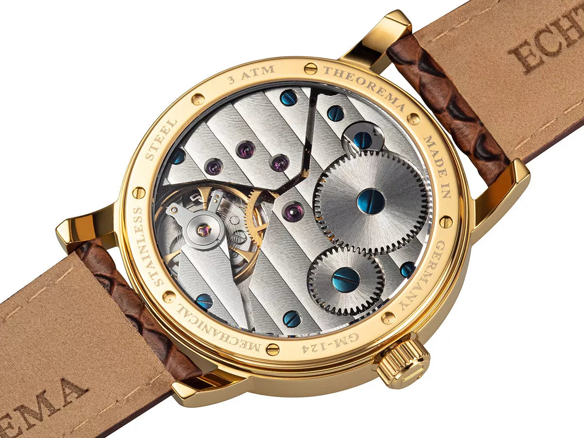 Open back case with a silver movement with gears.