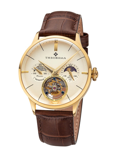 White dial with gold case color and a pumpkin shape crown along the brown genuine leather.