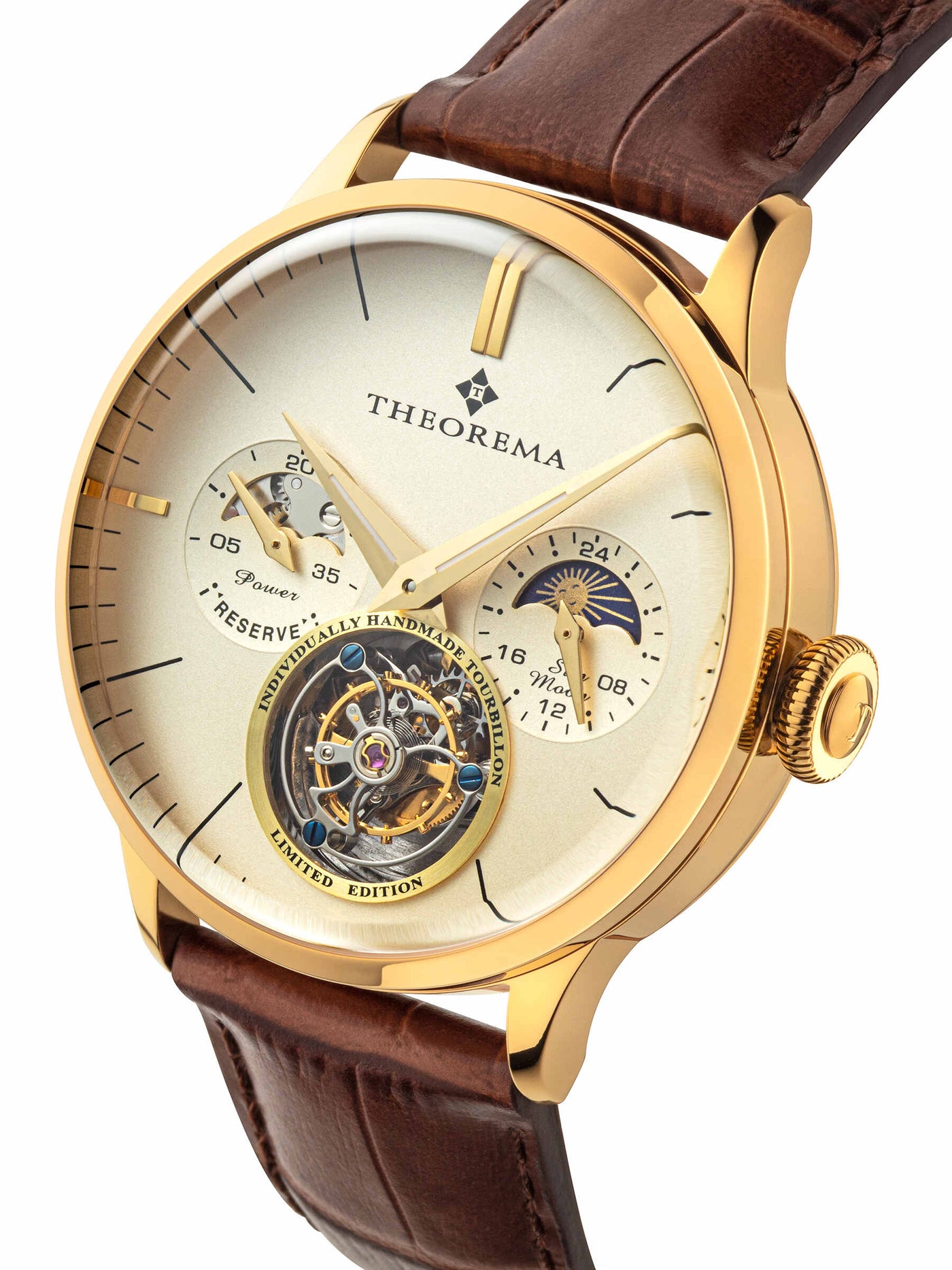 Open heart design at 6 o'clock to see the tourbillon movement with stick numbers and dauphine-shaped hands. 