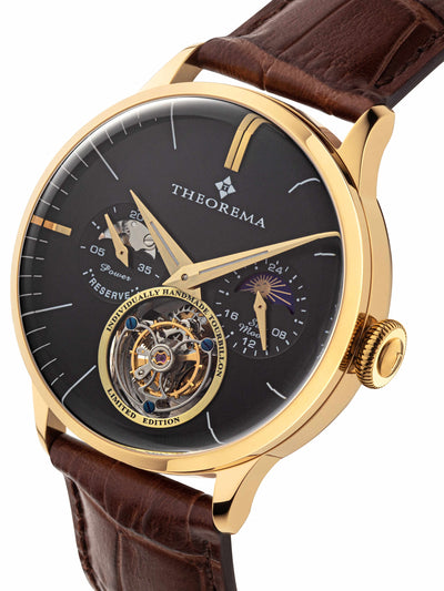 Open heart design at 6 o'clock to see the tourbillon movement with stick numbers and dauphine-shaped hands. 