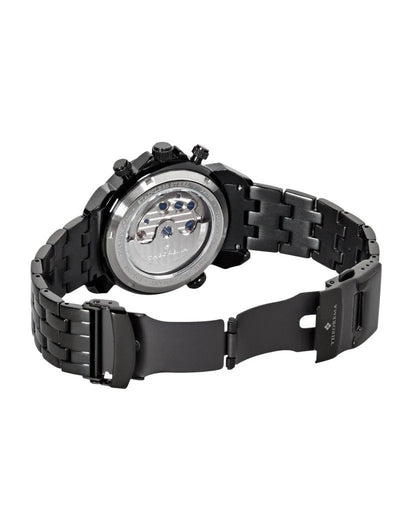 Open back case with silver color mechanism visible gears and deployment buckle for the band.