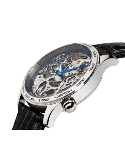 Silver case with silver crown button with genuine black leather band.
