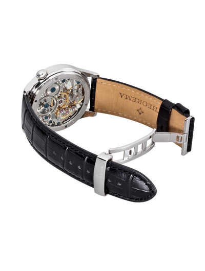 Open back case with silver color mechanism with visible gears and deployment buckle.