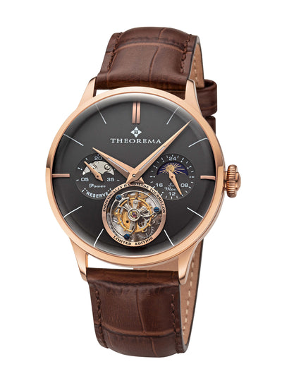 Black dial with rose case color and a pumpkin-shaped crown along the brown genuine leather.