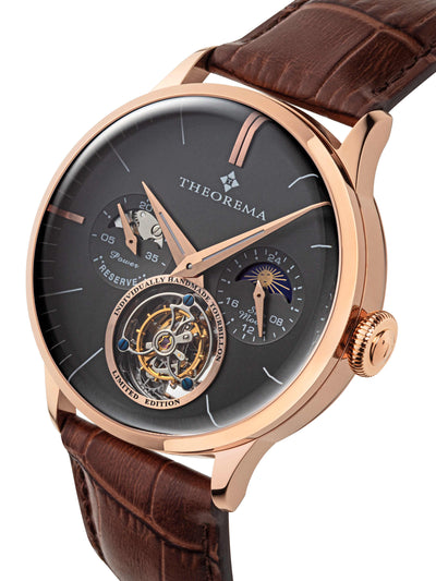 Open heart design at 6 o'clock to see the tourbillon movement with stick numbers and dauphine-shaped hands. 