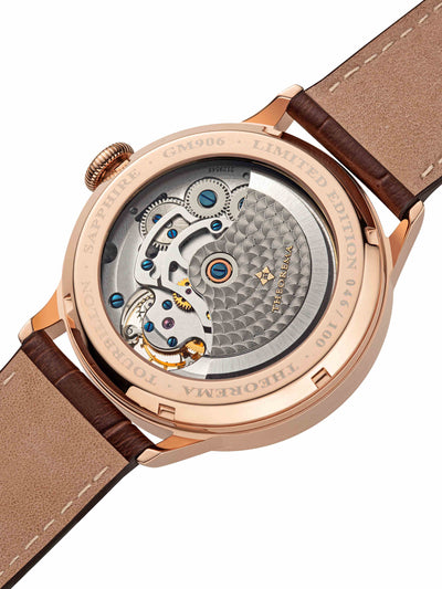 Open back with perlage carvings on the automatic rotor. Fully open back with sapphire to allow the view of the gears.