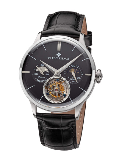 Black dial with silver case color and a pumpkin shape crown along the brown genuine leather.